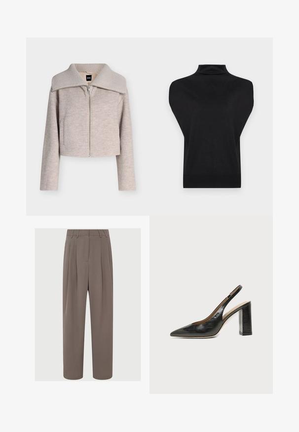 Chaqueta beige clara con cremallera, mangas largas y cuello ancho de punto acanalado, bolsillos delanteros y una etiqueta negra BOSS en el interior del cuello.; Suéter negro sin mangas con cuello alto, paneles anchos en los hombros y dobladillo acanalado ajustado, exhibido sobre un fondo blanco.; Pantalones plisados marrones de cintura alta, con un tejido elegante, diseño de pierna ancha y bolsillos laterales, que cuentan con una textura suave y ligera.; Zapato slingback de piel negra con puntera puntiaguda, tacón alto y ancho, y forro interior beige sobre un fondo claro y liso.