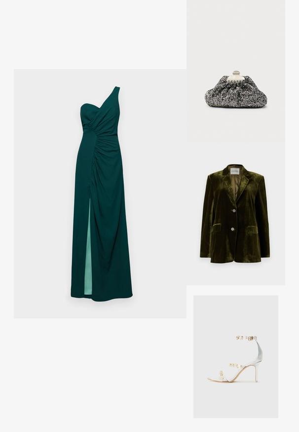 CLOSED LOLA - Blazer - marsh green; Groene, een-schouder jurk met geplooide details bij de buste en zijkant. Heeft een hoge split tot boven de dij en een soepel vallende stof. Glad van textuur.; Duidelijke hiel sandaal met transparante banden versierd met gouden studs, slanke hak en open teen ontwerp met een gladde, glanzende afwerking.; Zwarte en zilveren glitter clutch met een geplooid ontwerp. Metalen sluiting met een gladde, afgeronde vorm en een getextureerd oppervlak.