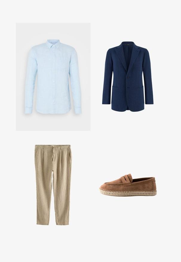 Marineblauer Herrenblazer mit einreihiger Knopfleiste, notched Revers, drei Außentaschen und langen Ärmeln.; Helles blaues Leinenhemd mit langen Ärmeln, spitzem Kragen und einer Brusttasche. Verfügt über eine leicht strukturierte Oberfläche und Knopfverschluss.; Beige Leinen-Casualhose mit Kordelzug an der Taille, Seitentaschen und entspannter gerader Passform.; Brauner Wildleder-Loafer mit geflochtener Seilsohle und einem Riemendetail oben, seitlich auf weißem Hintergrund gezeigt.