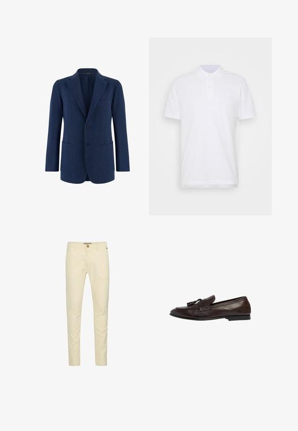 Blazer azul marino para hombre con un solo botón, solapas con muesca, tres bolsillos exteriores y mangas largas.; Camisa polo blanca con un cuello clásico, tapeta de tres botones y mangas cortas. Confeccionada en suave tejido de algodón con un diseño liso.; Chinos de algodón beige con un corte slim, que cuentan con un cierre de botón y un detalle de costura sutil en los bolsillos. Textura suave con un acabado pulido.; Mocasines de piel marrón con tacón bajo, con una cinta ancha y borlas decorativas. La textura suave y el diseño clásico mejoran la versatilidad.
