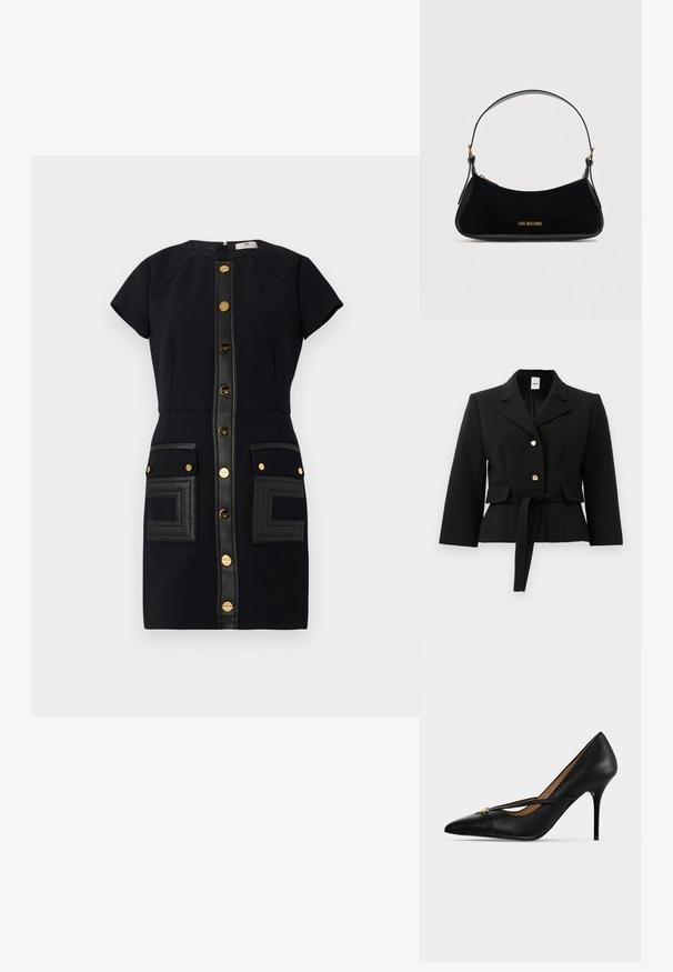 Schwarzer taillierter Blazer mit Revers, zwei goldenen Knöpfen, Taschen mit Klappen und einem passenden Stoffgürtel, der in der Taille gebunden ist.; Schwarzes Kleid mit kurzärmeligen, goldenen Knöpfen und Lederakzenten. Verfügt über zwei aufgesetzte Taschen mit strukturiertem Detail.; Schwarzer Leder High-Heel-Schuh mit spitzer Schuhspitze und schmalem Riemen über dem Spann, befestigt mit einer kleinen goldenen Schnalle auf einfarbigem Hintergrund.; Schwarze Umhängetasche aus Lackleder mit geschwungener Form, goldfarbenem "LOVE MOSCHINO"-Logo vorne und verstellbarem Riemen mit goldfarbenen Beschlägen.