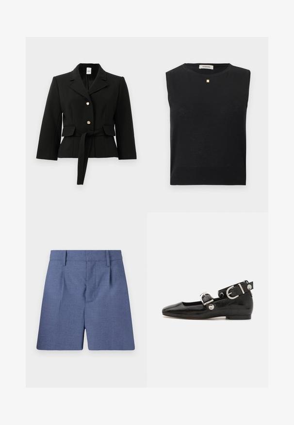 Blazer noir ajusté avec revers, deux boutons dorés, poches à rabat et une ceinture en tissu assortie nouée à la taille.; Haut noir sans manches en maille avec col rond et petit emblème carré doré sous l'encolure, étiqueté Sandro.; Shorts bleu sur mesure avec passants de ceinture, plis à l'avant et fermeture frontale cachée, présentés sur fond blanc.; Ballerine en cuir verni noir avec un bout carré, sangle de cheville avec des détails en métal argenté et semelle plate. Texture lisse avec un design minimaliste.