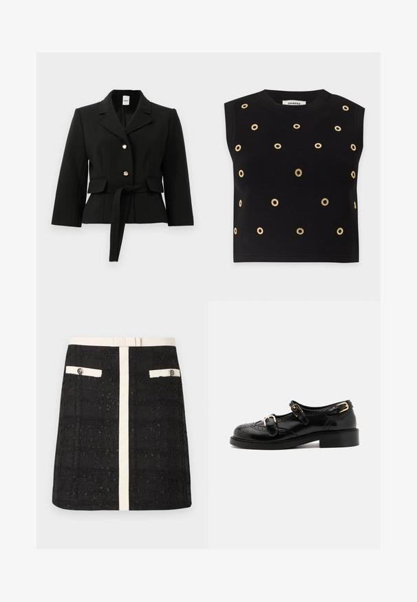 Blazer noir ajusté avec revers, deux boutons dorés, poches à rabat et une ceinture en tissu assortie nouée à la taille.; Haut noir sans manches avec un col rond, orné de clous circulaires dorés espacés régulièrement sur le devant et les épaules.; Mini-jupe noire texturée avec rayure verticale blanche et poches boutonnées assorties à bord blanc à l'avant, ainsi qu'une ceinture blanche.; Chaussures en cuir noir avec détails de brogue, dotées de deux sangles à boucle, d'un bout arrondi et d'un talon bas. Texture lisse avec finition brillante.
