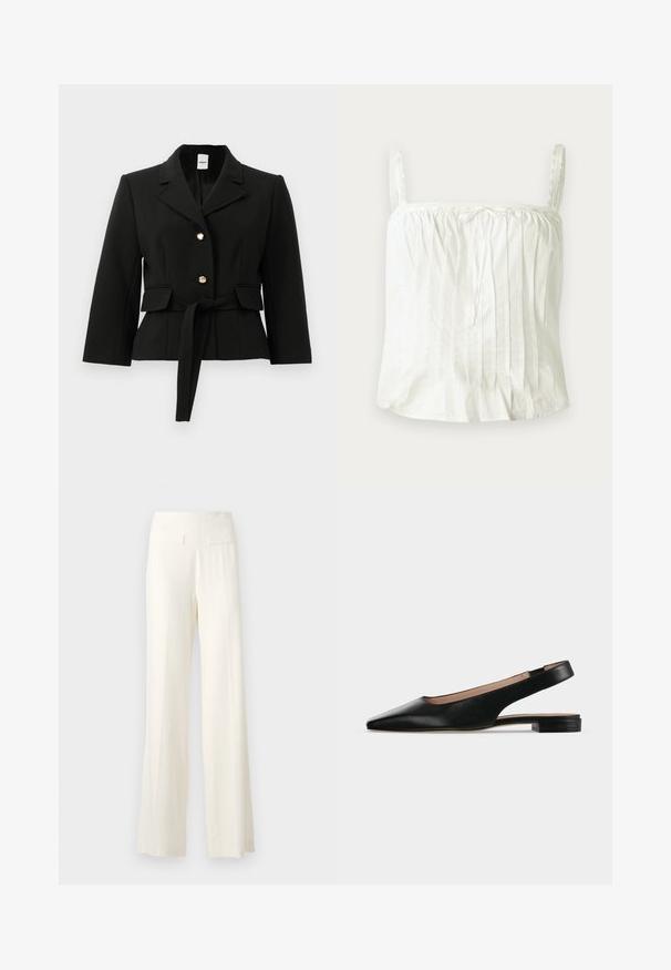 Blazer noir ajusté avec revers, deux boutons dorés, poches à rabat et une ceinture en tissu assortie nouée à la taille.; Haut blanc sans manches avec bretelles fines, présentant une texture plissée et des accents en dentelle le long de l'encolure. Tissu en coton léger.; Pantalons larges en ivoire avec un tissu texturé, présentant de subtils rayures verticales et deux poches arrière.; Chaussure plate en cuir noir avec bride arrière, bout pointu et petit talon carré sur fond blanc.
