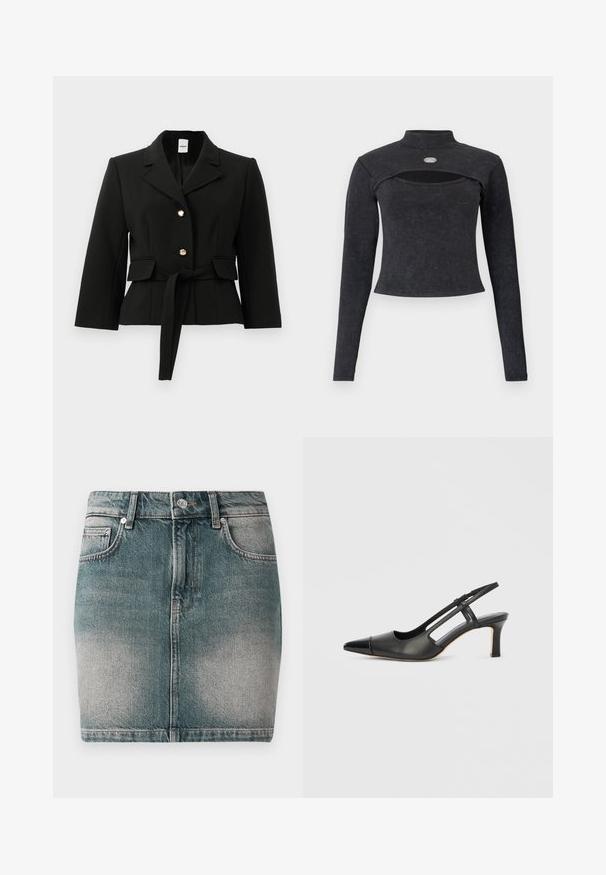Sort skræddersyet blazer med revers, to guldknapper, klaplommer og et bælte i matchende stof der er bundet om livet.; Sort langærmet cropped top med høj halsudskæring, udskåret detalje ved brystet og lille oval metal-logo på den øvre del af brystet.; Blå denim mini nederdel med frontknap og lynlås, to forlommer og falmede detaljer på lårene.; Sort læder slingback-sko med spids tå, der har en blank accent på tåhætten og en mellemhøj hæl. Åben sidesektion.