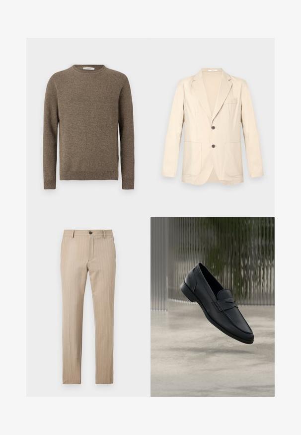 Blazer beige à simple boutonnage avec revers crantés, deux poches avant, une poche poitrine et deux boutons foncés, présenté sur un fond uni.; Pull en tricot marron texturé à manches longues avec col rond et poignets et ourlet côtelés.; Pantalon beige à fines rayures, coupe slim, avec ceinture, passants pour ceinture, fermeture par bouton et poches latérales sur fond blanc.; Mocassin en cuir noir à finition lisse, bout pointu et détails cousus sur le dessus. Talon bas et design minimaliste.