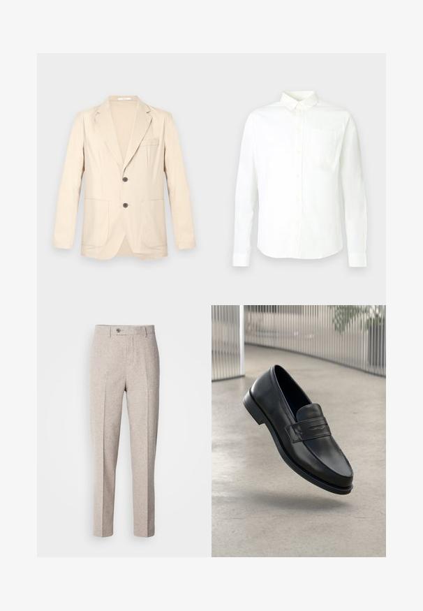 Beige enkeltknappet blazer med notch revers, to forlommer, brystlomme og to mørke knapper, vist på en ensfarvet baggrund.; Hvid skjorte med lange ærmer og knapper, lavet af bomuld, med spids krave og en enkelt lomme på venstre bryst. Glat tekstur.; Lys beige uldslynger med en glat tekstur, lige snit, frontfolder og en enkelt knaplukning i taljen.; Sort lædersko med glat tekstur, spids tå og en dekorativ rem over vristen. Letvægts sål, minimalistisk design.