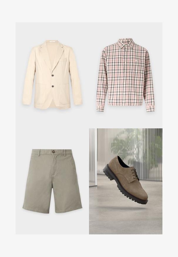 Beige enkelrijige blazer met notch-revers, twee voorzakken, borstzak en twee donkere knopen, weergegeven op een effen achtergrond.; Overhemd met lange mouwen en knopen, met een roze, witte en grijze geruite patroon, voorzien van een enkele borstzak met een knoop.; Lichtgrijze knielange shorts met voorste knoop, riemlussen en zijzakken op een witte achtergrond.; Bruine suède veterboots met een afgeronde neus, zwarte rubberen zool en zichtbaar profiel. Getoond in een minimalistische binnenomgeving.