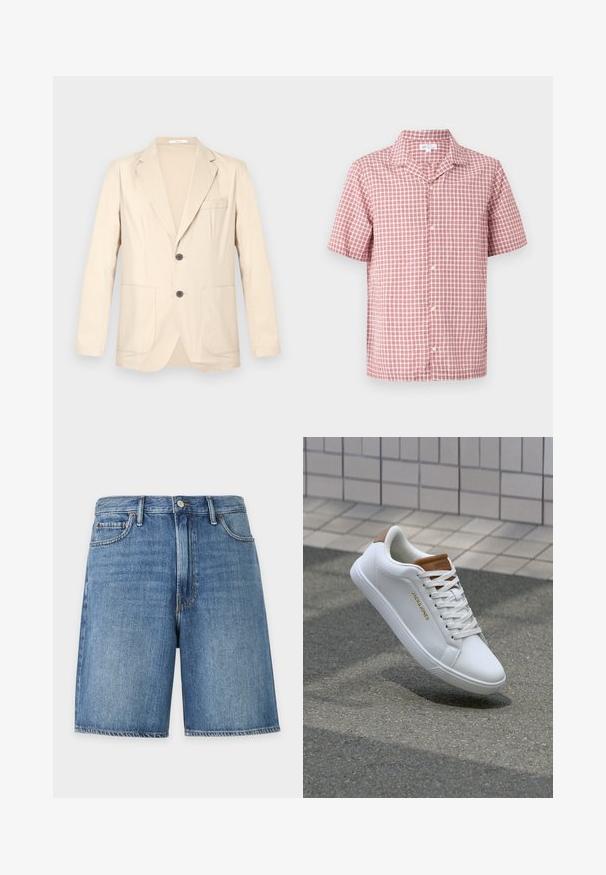 Blazer beige à simple boutonnage avec revers crantés, deux poches avant, une poche poitrine et deux boutons foncés, présenté sur un fond uni.; Chemise à manches courtes boutonnée avec motif à carreaux rouges et blancs et col classique sur un fond uni.; Short en jean bleu avec bouton à l'avant, passants de ceinture et poches avant, présenté sur fond blanc uni.; Baskets en cuir blanc avec une texture lisse, accent beige au niveau du talon, logo doré sur le côté et semelle en caoutchouc avec une adhérence texturée.