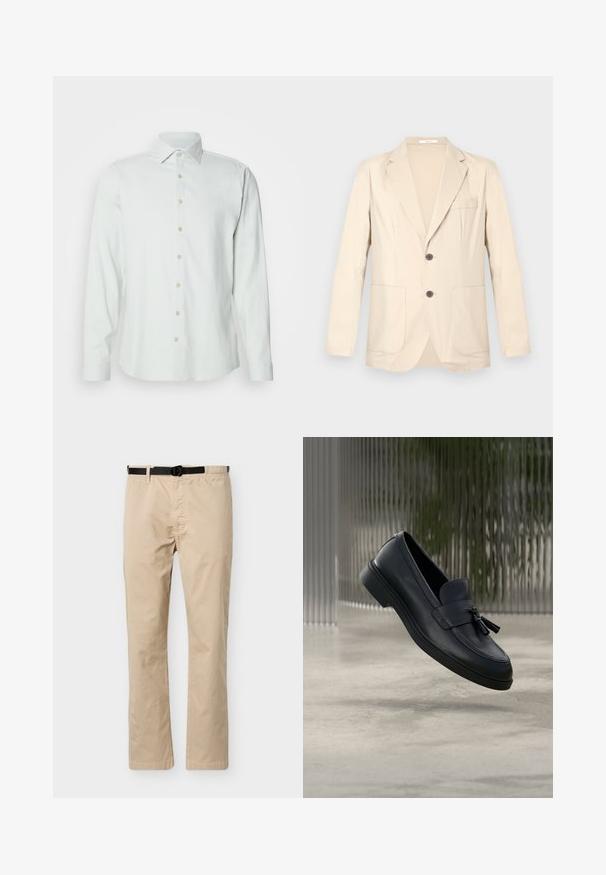 Blazer beige à simple boutonnage avec revers crantés, deux poches avant, une poche poitrine et deux boutons foncés, présenté sur un fond uni.; Chemise longue à manches longues de couleur vert clair en tissu doux. Elle présente un col classique, une patte de boutonnage sur le devant et des poignets boutonnés.; Pantalon beige à jambes droites avec ceinture noire ajustable, taille élastique d'un côté et couture décorative à l'avant.; Mocassins en cuir noir avec une texture lisse, un bout arrondi et des pampilles décoratives à l'avant. Semelle en caoutchouc flexible avec un petit talon.