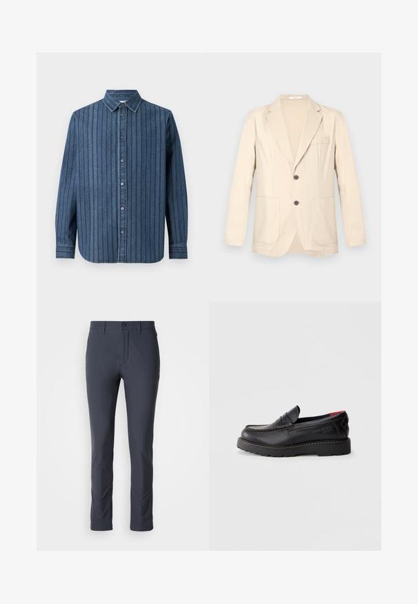 Beiger einreihiger Blazer mit Notch-Revers, zwei Fronttaschen, Brusttasche und zwei dunklen Knöpfen, auf neutralem Hintergrund dargestellt.; Samsøe Samsøe SADAMON SHIRT - Hemd - denim; Marineblaue Stretchhosen mit schmaler Passform, glatter Textur, Taschen vorne und Knopfverschluss. Entworfen für Komfort und Bewegungsfreiheit.; Schwarzer Lederschlupfschuh mit Mokassin-Nähten, Gummisohle und strukturiertem Finish. Hat dezente Markenkennzeichnung an der Seite.