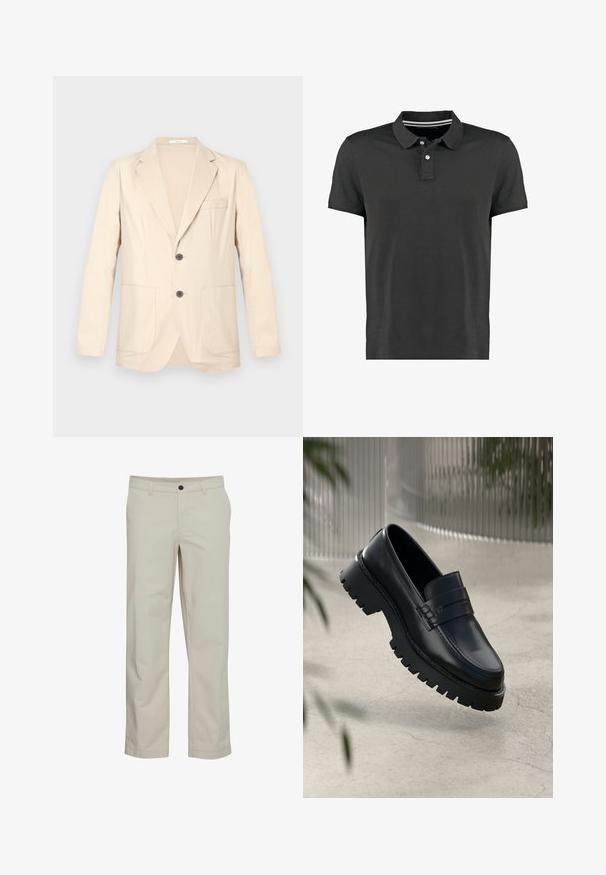 Blazer beige de un solo botón con solapas con muesca, dos bolsillos frontales, bolsillo en el pecho y dos botones oscuros, mostrado sobre un fondo liso.; Polo negra de algodón, con un cuello clásico, tres botones y un sutil detalle a rayas en el cuello. Manga corta.; Pantalones de algodón beige con diseño de pierna recta, bolsillos delanteros y cierre de un solo botón. Textura suave y detalles mínimos de costuras.; Mocasines de cuero negro con suela gruesa, que presentan una correa decorativa y detalles de costura. Textura suave con un acabado pulido.