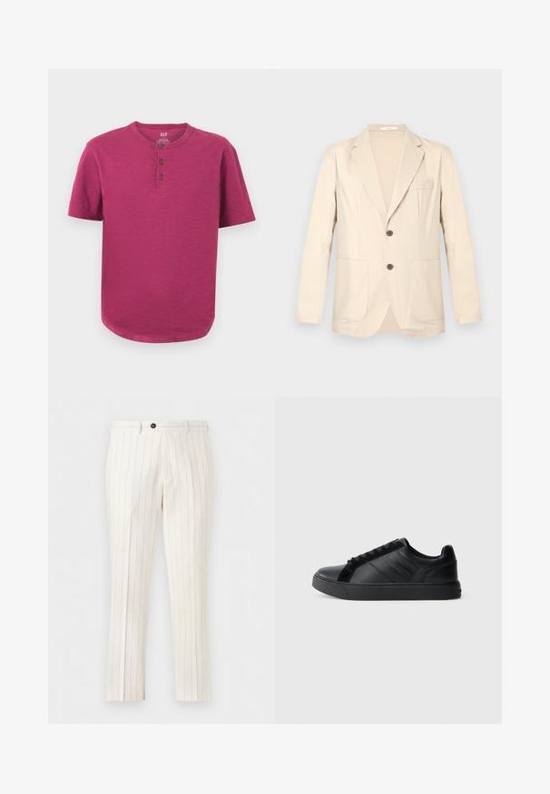 Blazer beige à simple boutonnage avec revers crantés, deux poches avant, une poche poitrine et deux boutons foncés, présenté sur un fond uni.; T-shirt henley à manches courtes dans une couleur magenta vive. Présente un col rond, une patte de boutonnage à trois boutons et un ourlet légèrement incurvé. Texture douce.; Pantalon blanc taille haute à fines rayures verticales grises, fermeture avant à boutons, coupe slim ajustée.; Baskets noires en cuir avec une finition lisse, panneaux latéraux texturés, bout rond, semelle plate et détail de logo sur le côté. Présente un lacet classique.