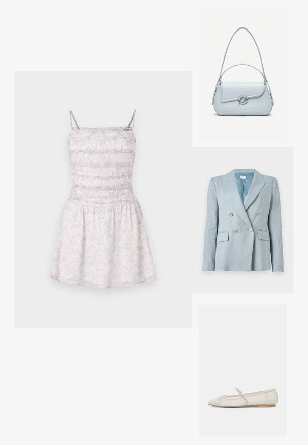 Blazer bleu clair à double boutonnage avec boutons argentés, revers crantés, poches à rabat et doublure intérieure lisse.; Robe à imprimé floral avec des bretelles spaghetti en violet clair et vert. Corsage ajusté avec texture plissée, jupe fluide en tissu léger.; Chaussure plate ivoire à bout pointu avec bride ornée de perles et petit talon en bois, vue de côté sur un fond clair.; Sac à main en cuir bleu clair avec rabat arrondi, fermoir circulaire argenté et deux bretelles d'épaule sur un fond uni.
