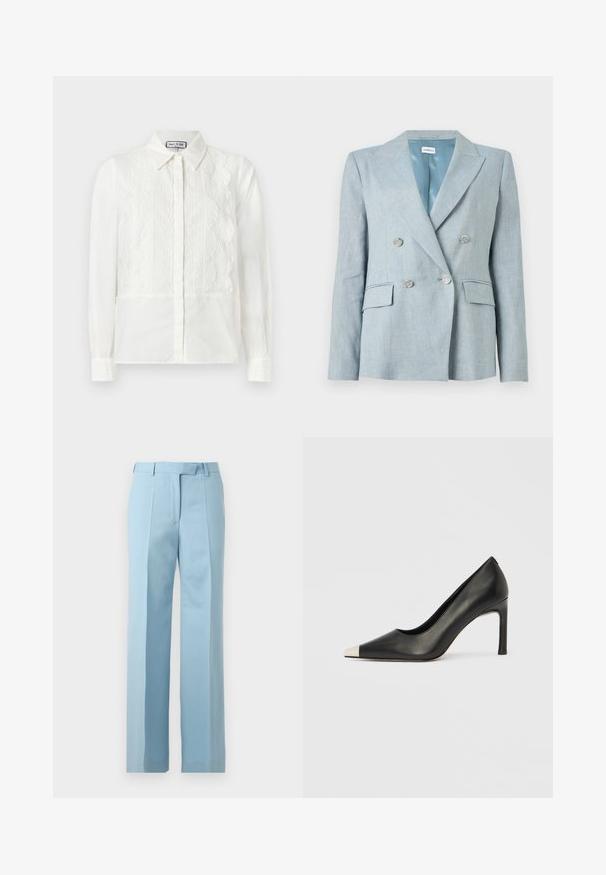 Blazer bleu clair à double boutonnage avec boutons argentés, revers crantés, poches à rabat et doublure intérieure lisse.; Blouse blanche à manches longues avec panneaux avant en dentelle, bords festonnés, fermeture à boutons et col pointu, présentée sur un fond uni.; Pantalon bleu clair sur mesure avec taille haute, passants de ceinture, plis devant et coupe droite sur fond blanc.; Chaussure à talon haut en cuir noir avec bout pointu et capuchon argenté métallique. Présente une finition lisse et un talon fin de 10 cm.