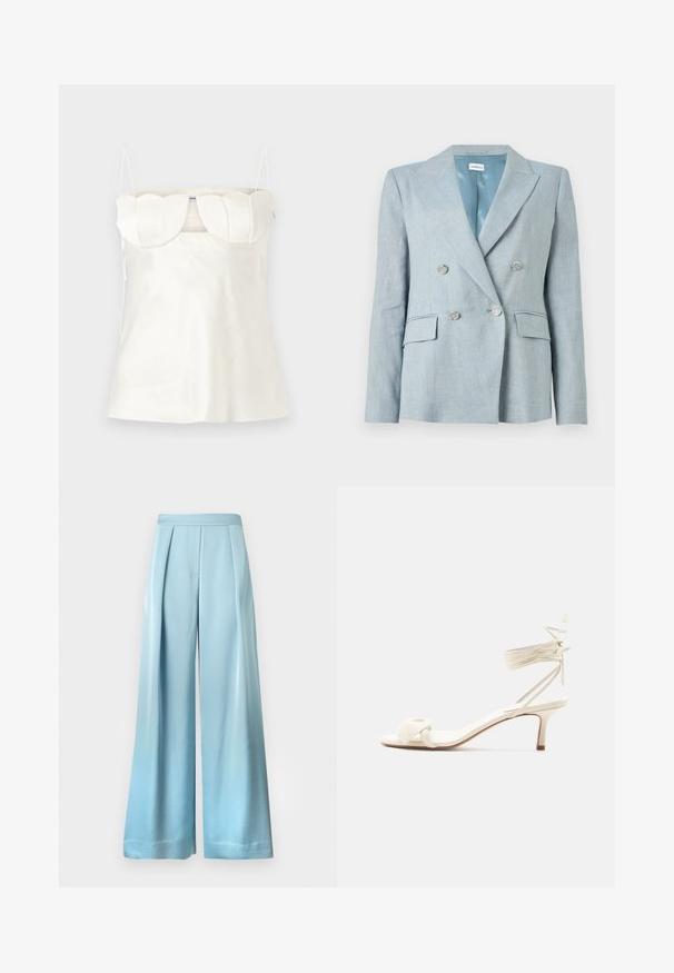Lyseblå dobbeltradet blazer med sølvknapper, hakkede revers, klaplommer og glat inderfor.; Hvid satin camisole med justerbare stropper, en struktureret, scalloped buste og en lige kant. Glat tekstur og minimalistisk design.; Lyseblå bukser med vidt ben, høj talje og frontplisser, designet til en løs, flydende pasform.; Kremfarvet sandal med lave hæle, bindebånd om anklen og en bred snoet rem over tæerne på en ensartet hvid baggrund.