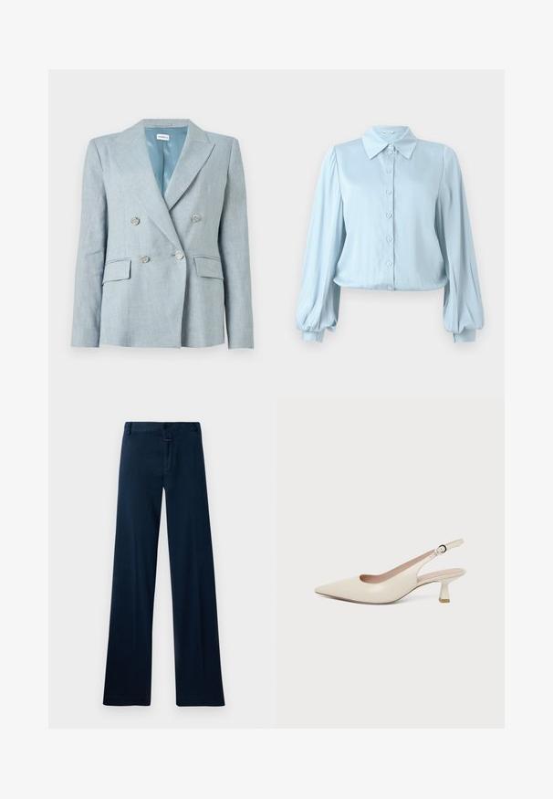 Lyseblå dobbeltradet blazer med sølvknapper, hakkede revers, klaplommer og glat inderfor.; Hofmann Copenhagen FLORA - Skjortebluser - lavender blue; Mørkeblå, vide bukser lavet af blødt stof. Har en frontlukning med knap, bæltesløjfer og en ren kant. Ingen synlige mønstre eller detaljer.; Sko med spids tå i cremefarve, med en lille buet kitten-hæl og justerbar spænde-rem.