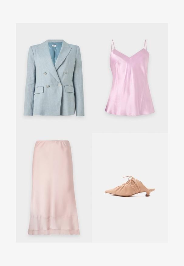 Lyseblå dobbeltradet blazer med sølvknapper, hakkede revers, klaplommer og glat inderfor.; Lyserød satin camisole med tynde, justerbare spaghetti-stropper og en let V-udskæring, vist mod en ensartet hvid baggrund.; Lyserød satin midi-nederdel med elastisk talje og lagdelt kantdetalje, præsenteret på en ensfarvet hvid baggrund.; Beige dames mule i læder med spids tå, rynket overdel, snøre og lav kittenhæl på hvid baggrund.