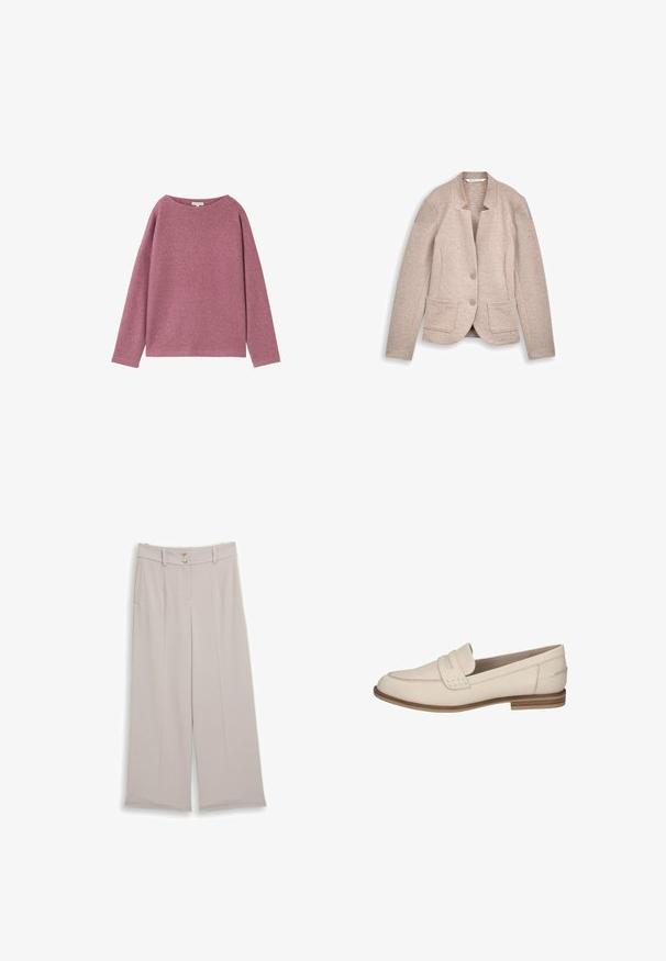 Beige dameblazer med to knapper og forlommer med lapper, lange ærmer og en reverskrave, vist fladt på en hvid baggrund.; Langærmet, løstsiddende sweater i et blødt pink strikmateriale. Rund halsudskæring og sænkede skuldre med en struktureret overflade.; Beige vide bukser med bæltestropper, to knapper ved taljen og sidelommer, lagt fladt på en hvid baggrund.; Lysebeige læderloafers med en let hæl, der har en syningsdetalje og en glat finish. Designet med en klassisk slip-on form.