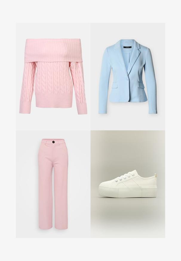 Lichtblauwe damesblazer met lange mouwen, enkelvoudige knoopsluiting, ingesneden revers en twee voorzakken met klep op een witte achtergrond.; Roze off-the-shoulder trui met geribbelde halslijn, kabelbreipatroon en lange mouwen. Zachte textuur en cropped pasvorm.; Lichtroze wijde broek met een gladde textuur, voorzien van een zwarte knoop en een klassiek ontwerp van de tailleband. Geen extra zakken zichtbaar.; Witte platform sneaker met dikke, gestructureerde zool, veters aan de voorkant en subtiele stiksel details op een neutrale achtergrond.