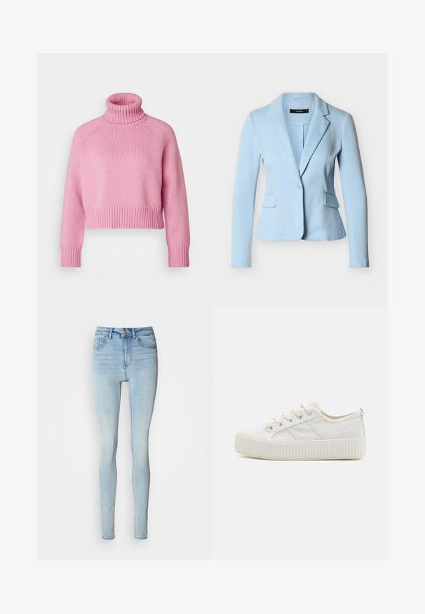 Vaaleansininen naisten bleiseri, jossa on pitkät hihat, yksirivinen nappikiinnitys, lovettu kaulus ja kaksi etutaskua läpällä valkoisella taustalla.; Vero Moda Petite VMMIRANDA - Neule - fuchsia pink; Vaaleansiniset korkeavyötäröiset kapeat farkut, valmistettu denimistä, joissa on napitus, viisi taskua ja sileä pinta.; Valkoiset kankaiset tennarit, joissa on teksturoitu kumipohja, pyöreä kärki ja nauhakiinnitys, jossa on kolme sivuraitaa.