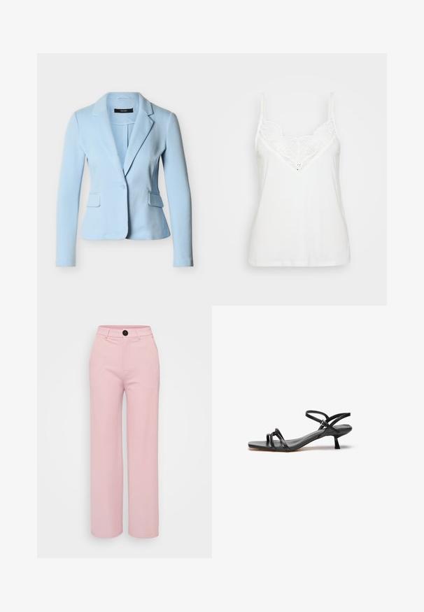 Lyseblå damesblazer med lange ærmer, enkelt knaplukning, hakkede revers og to frontlommer med klap på en hvid baggrund.; Hvid cami-top med tynde stropper, der har et blonde V-halsdesign og glat tekstur. Enkel, tætsiddende form uden yderligere mønstre.; Lys rosa bred benbukser med en glat tekstur, der har en sort knap og et klassisk talje design. Ingen ekstra lommer synlige.; Sorte lædersandaler med et slankt, minimalistisk design. Har to tynde remme og en lille, skrå hæl. Glat tekstur og åben tå.