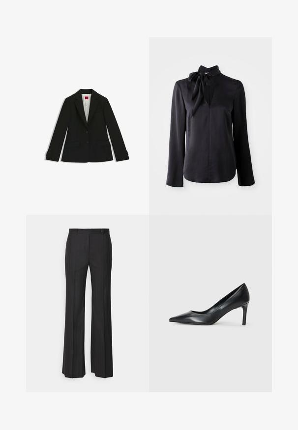 Blazer negro entallado con solapa con muesca, dos bolsillos delanteros y dos botones. Tejido liso con un diseño estructurado y forro interior.; Blusa negra de manga larga en tejido suave con escote en V y detalle de cuello atado. Presenta un corte recto y sutiles acentos de costura.; Pantalones de pierna ancha negros con un sutil patrón de rayas, hechos de una tela suave. Cuenta con un cierre frontal y presillas para cinturón.; Zapato de tacón negro de cuero con punta afilada y un tacón delgado, textura suave y sin adornos visibles. Diseño limpio con una estética minimalista.