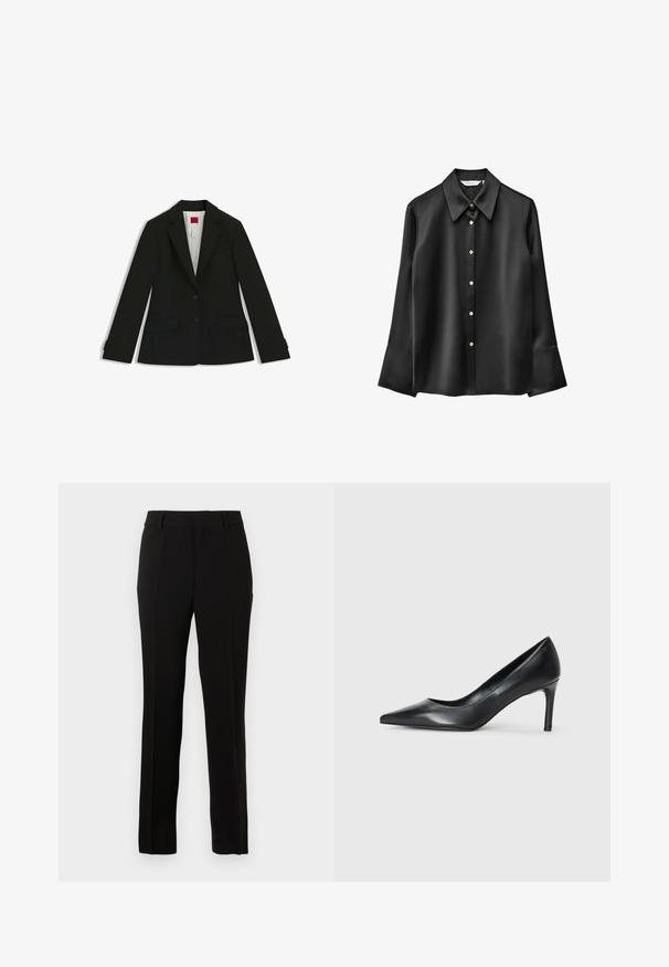 Sort skræddersyet blazer med hakket revers, to forlommer og to knapper. Glat stof med struktureret design og foret inderside.; Sort satinbluse med lange ærmer, spids krave, knapper foran og udvidede manchetter. Har en diskret glans og runde knapper.; Sorte skræddersyede bukser lavet af et glat materiale, med lige snit, pressefolder, bæltesløjfer og lynlås til lukning.; Sorte læder spidse pumps med en slank hæl, glat tekstur og ingen synlige udsmykninger. Rent design med en minimalistisk æstetik.