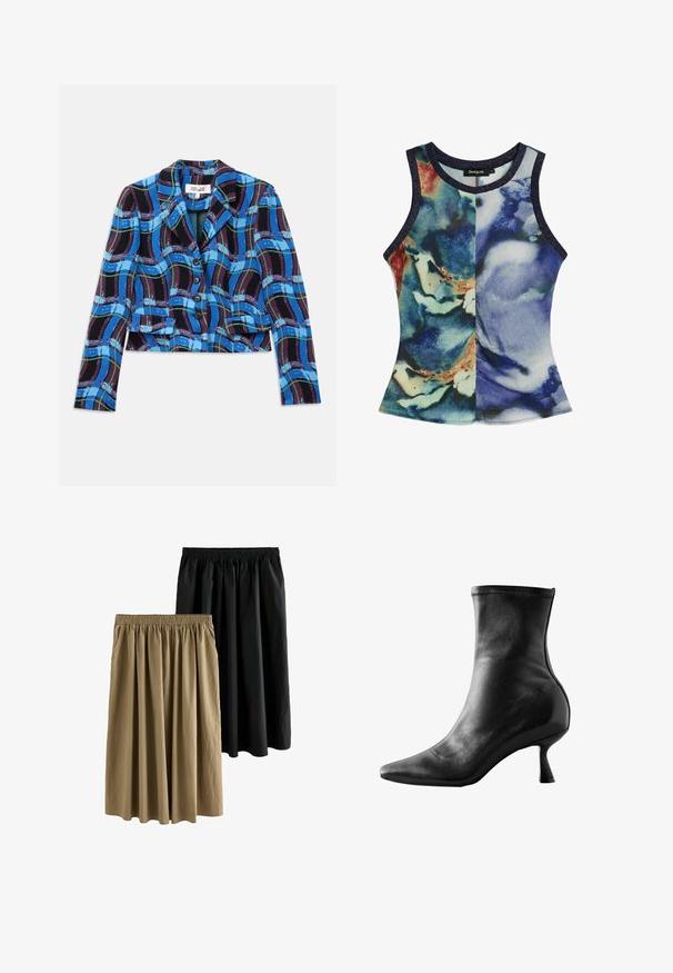 Afskåret blazer i blå, sort og grøn ternet mønster. Har en klapkrave og fem sorte knapper foran.; Ærmeløs damesinglet med rund hals og abstrakt blå, grøn og beige akvarelprint, med mørke kanter.; To knælange nederdele: en sort og en khaki. Begge har en elastisk talje og et flydende design med blødt, struktureret stof.; Sort læder ankelstøvle med spids tå, tætsiddende design og en lav, udskilt hæl, med glat tekstur og minimale syninger.