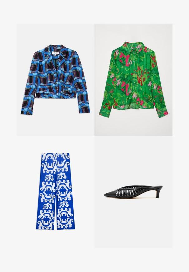 Blazer court à motif écossais bleu, noir et vert. Il présente un col cranté et cinq boutons noirs sur le devant.; Chemise verte à boutons avec des motifs floraux en rose et rouge. Présente un col classique et des manches longues avec un ourlet droit. Tissu texturé.; Pantalon bleu à jambes larges avec un motif blanc tourbillonnant, confectionné dans un tissu lisse à texture extensible. Aucune quincaillerie ni accent visible.; Mule en cuir noir avec bout pointu, design découpé à brides et petit talon kitten sur fond blanc.