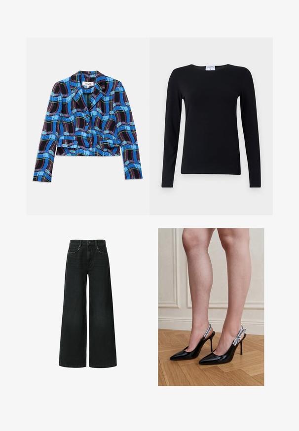 Blazer recortado en patrón de cuadros azul, negro y verde. Presenta un cuello con muesca y cinco botones negros en la parte delantera.; Camisa negra de manga larga hecha de tejido suave, con un cuello redondo, corte recto y costuras mínimas para una apariencia limpia.; Vaqueros negros de pierna ancha, confeccionados en mezclilla, con un diseño clásico de cinco bolsillos y remaches decorativos cerca de los bolsillos delanteros.; Mujer con zapatos de tacón alto slingback de charol negro con correas blancas con marca, de pie sobre suelo de madera.