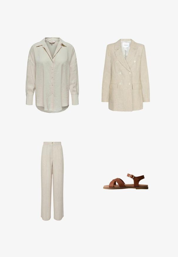 Beige dobbeltradet blazer med fire knapper, knapklapede revers, to forlommer med klap og lange ærmer.; Lys beige skjorte med knapper og krave, lange ærmer og et let struktureret stof. Har en buet kant og knapper foran.; Beige linnedragt med høj talje, med en front knaplukning, to sidelommer og et afslappet, lige ben-design.; Brun flad sandal med krydsede stropper over tæerne, ankelrem med guldlås og sømdetalje på sålen.