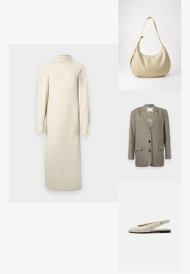Oversized grå blazer med reverskrave, to frontlommer, tre sorte knapper og satinforing. Minimalistisk design med en struktureret form.; Creme strikkjole med høj krave, lange pufærmer og midi længde. Har en struktur med et let ribmønster.; Flatsko i cremefarvet læder med rundet tå og lille guldemblem på remmen.; Beige læder skuldertaske med en buet form, justerbar rem og præget logo detalje, der har en glat tekstur og minimalistisk design.