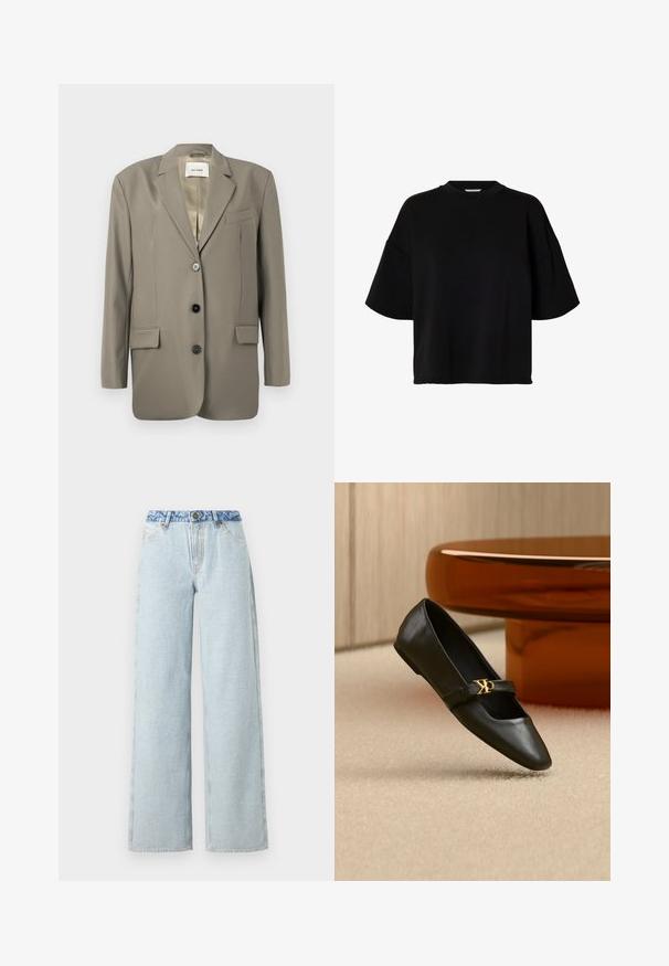 Veľký šedý blazer s výrezom na klopách, dvoma prednými vreckami, tromi čiernymi gombíkmi a saténovou podšívkou. Minimalistický dizajn s pevnou štruktúrou.; Čierne tričko s krátkym rukávom, voľným strihom, s okrúhlym výstrihom a spustenými ramenami na bielom pozadí.; Svetlomodré široké džínsy s vyblednutým umývaním, s kontrastným modrým denimu v páse a tradičným päťvreckovým dizajnom.; Čierna kožená balerína s ostrou špičkou a zlatým logom CK na remienku, položená na béžovom koberci pri okrúhlom jantarovo hnedom stole.
