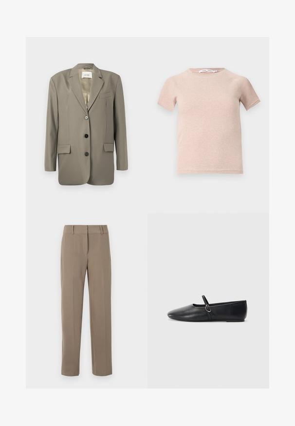 Veľký šedý blazer s výrezom na klopách, dvoma prednými vreckami, tromi čiernymi gombíkmi a saténovou podšívkou. Minimalistický dizajn s pevnou štruktúrou.; Svetloružové tričko s krátkym rukávom vyrobené z rebrovanej látky, s okrúhlym výstrihom a voľným strihom. Jednoduchý a bezšvový dizajn.; Khaki nohavice s rovnými nohavicami, pútkami na opasok a predným zipsovým zapínaním na bielom pozadí.; Čierne kožené baletky s špicatou špičkou, plochou podrážkou a malým remienkom so striebornou prackou.