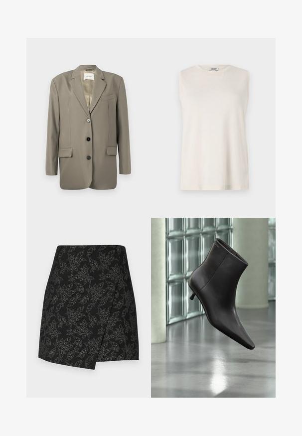 Oversized grå blazer med reverskrave, to frontlommer, tre sorte knapper og satinforing. Minimalistisk design med en struktureret form.; Ærmeløs top i lys beige stof med rund halsudskæring og en afslappet pasform. Glat tekstur uden dekorationer eller mønstre.; Sort nederdel med et omslagdesign, der har et bladmønster i sølvtoner. Glat tekstur med en asymmetrisk kant, der går til midten af låret.; Sort læderankelstøvle med spids tå og lille hæl vist mod en væg af glasblokke og poleret gulv baggrund.