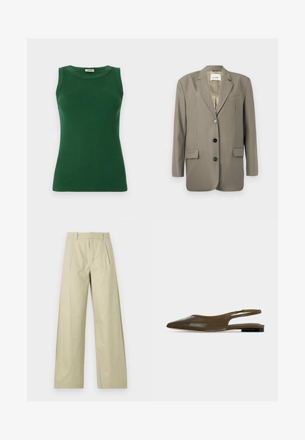 Oversized grå blazer med reverskrave, to frontlommer, tre sorte knapper og satinforing. Minimalistisk design med en struktureret form.; Grønt ærmeløst ribbet tanktop med rund halsudskæring, der har en glat tekstur og en tætsiddende silhuet.; Bredde benbukser i lys beige bomuld, med flad front og plisseringer, bæltestropper og opsmøgede sømme. Glat tekstur og afslappet design.; Olivengrøn spids tå slingback flad sko med lav sort hæl og en glat, skinnende finish.