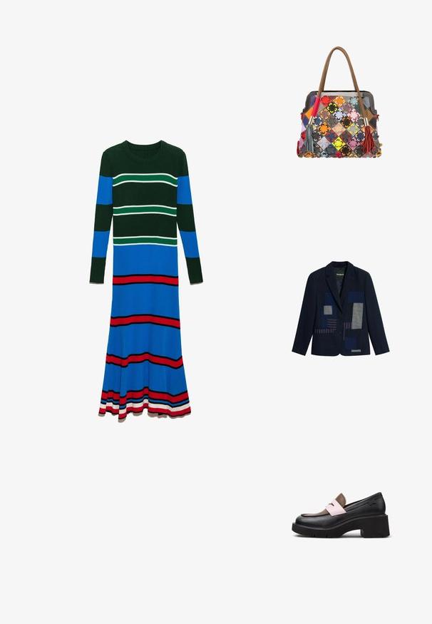 Marineblazer med to knapper, med blå og stribet patchwork-detaljer på fronten og to forlommer.; Strikkjole med lange ærmer, rund halsudskæring og lodrette striber i dyb grøn, blå og rød, med horisontale accenter i hvid.; Chunky loafer med tyk sort platformsål, sort bund, brun overdel og lyserød stroppdetalje tværs over toppen, vist fra siden.; Shopper med brune håndtag, diamantformet patchwork af flerfarvede læderfirkanter, hver med en firebladet blomsterudsmykning og kvaster på håndtagene.