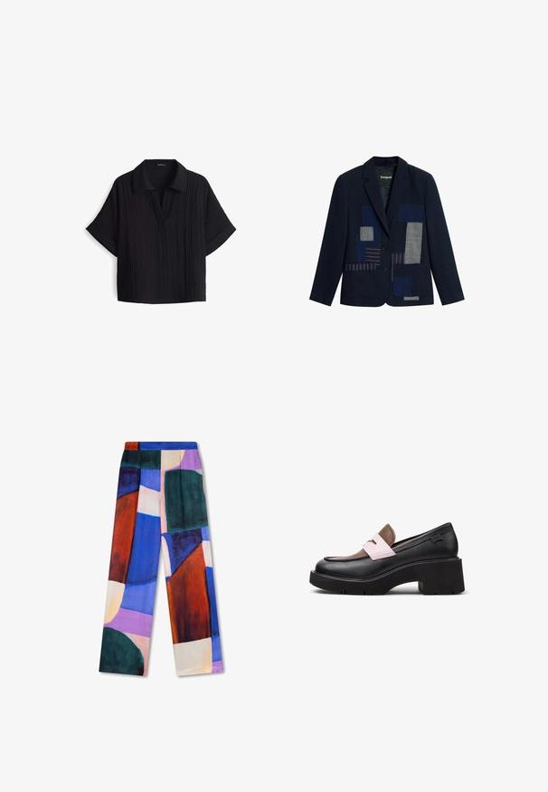 Marineblazer met twee knopen, met blauw en gestreepte patchworkdetails aan de voorkant en twee voorzakken.; ZwarteT-shirt met korte mouwen en een kraaghalslijn, gemaakt van een textuur- en ribstof en met een losse pasvorm. Geen zichtbare sluitingen.; Kleurvolle broek met wijde pijpen, voorzien van een opvallend geometrisch patroon in paars, blauw, rood, crème en groen, gemaakt van een soepele, lichte stof.; Chunky loafer met dikke zwarte plateaudzool, zwarte basis, bruin bovendeel en roze banddetail over de bovenkant, in zijaanzicht weergegeven.