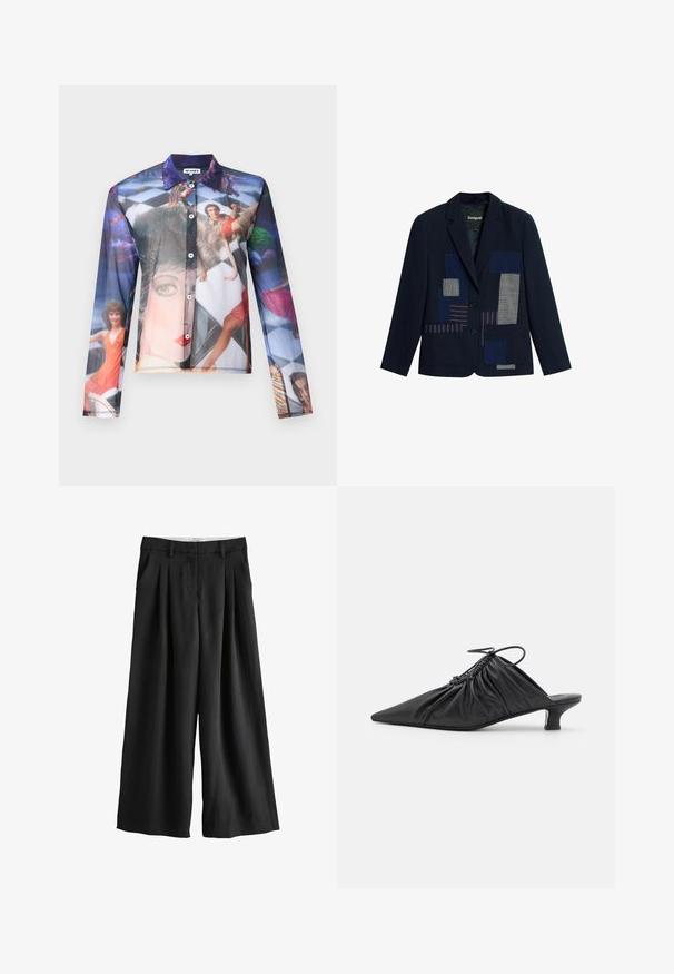 Blazer bleu marine à deux boutons, avec des détails en patchwork bleu et rayé sur le devant, ainsi que deux poches avant.; Chemise transparente à boutons avec une impression photographique colorée de personnes dans des poses dynamiques, dotée d'un col classique et de manches longues.; Pantalon noir à jambes larges avec passants de ceinture, plis devant et poches latérales, présenté sur fond blanc.; Mules noirs en cuir à enfiler avec un bout pointu, une texture froncée et un petit talon aiguille. Présente un détail à cordon au niveau de l'ouverture.