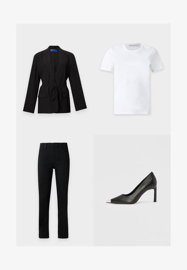 Zwarte blazer met lange mouwen, met ingesneden revers, twee voorzakken met klep en een tailleceintuur, op een witte achtergrond.; Effen wit T-shirt met korte mouwen en een ronde hals, met een klein merkje aan de binnenkant van de kraag waarop "Tiger of Sweden." staat; Zwarte denim jeans met een rechte pijp, voorzien van een knoopsluiting, vijf zakken en subtiele stikdetails. Glad textuur, klassiek ontwerp.; Zwarte leren hoge hak met een spits toelopende neus en een metalen zilverkleurige kap. Heeft een gladde afwerking en een slanke hak van 10 cm.