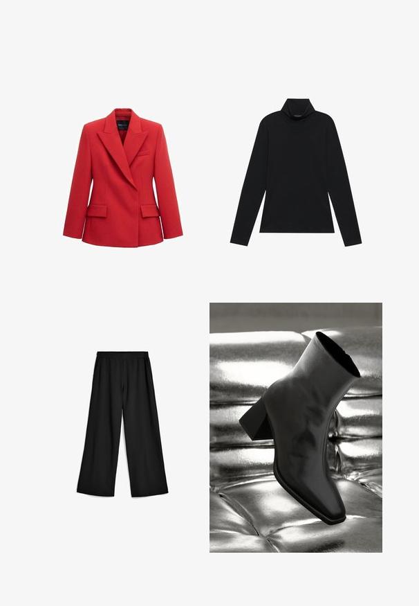 Rode, op maat gemaakte damesblazer met brede revers, twee klepzakken en een borstpaspelzak, geen knopen aan de voorkant, van MNG Selection.; Zwarte langetermijn turtleneck. Zachte stof, getailleerd design, hoge kraag en zijnaad. Eenvoudige en veelzijdige stijl die geschikt is voor het laagjes dragen.; Zwarte wijde pantalon gemaakt van zachte, rekbare stof. Elastische tailleband met zakken aan de zijkanten. Strakke lijnen en een gladde textuur.; Zwarte enkellaarsjes van glanzend materiaal met een vierkante neus en taps toelopende hak, afgezet tegen een glanzende zilveren gecapitonneerde achtergrond.