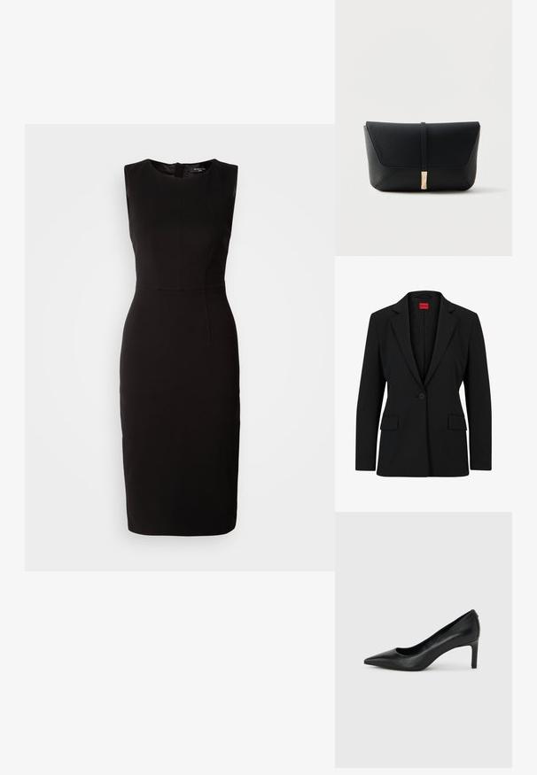 Musternööriga must ülikondjakk, millel on aukudega krae ja ühe nööbi sulgemine. Omab kahte eesmist taskut ning sujuvat voodrit, millel on peene mustri detail.; MARCIANO BY GUESS ZIP MIDI DRESS - Trikotaažkleit - black; Mustast nahast teravate varvastega kõrge kontsaga kingad, millel on õhuke, keskmise kõrgusega konts, heleda halli ühevärvilise tausta peal.; Must tekstureeritud nahast käekott, millel on esikülje klapp, mis kinnitub peene rihma ja kuldse risttahuka lukuga.