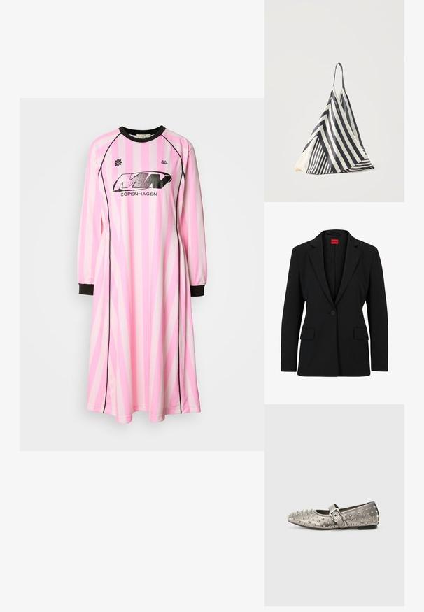 Blazer negro con solapa muesca y cierre de un solo botón. Presenta dos bolsillos frontales y un forro suave con un patrón sutil.; Vestido de manga larga en rosa claro con rayas verticales en rosa más oscuro y blanco, con un cuello redondo negro y puños negros. Logo visible en la parte delantera.; Zapato plano gris con punta redondeada, adornado con tachuelas metálicas y una correa lateral con detalle de hebilla plateada. Textura suave.; Bolsa triangular de tela a rayas blancas y negras con una sola correa para el hombro, colocada verticalmente sobre un fondo claro y simple.