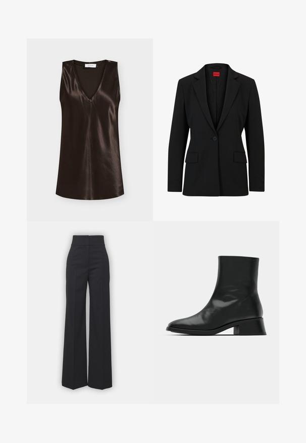 Blazer noir avec un col cranté et une fermeture à un bouton. Dispose de deux poches avant et d'une doublure lisse avec un motif subtile.; Haut sans manches en satin brun foncé avec encolure en V et ourlet droit, présentant une texture lisse et brillante, affiché sur un fond clair uni.; Pantalons à jambes larges en tissu noir avec une taille haute, présentant une finition soignée et une texture lisse. Pas de matériel ou de motifs visibles.; Bottine noire en cuir brillant, au design épuré, avec un bout pointu et un petit talon bloc pour plus de stabilité.