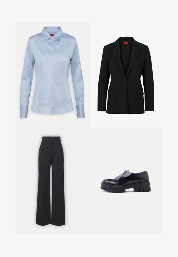 Zwarte blazer met een gesneden revers en een enkele knoopsluiting. Beschikt over twee voorkruiszakken en een gladde voering met een subtiel patroon.; Lichtblauw button-up shirt van gladde stof, met een klassieke kraag, lange mouwen en een rechte pasvorm met subtiele stikseldetails.; Wijdvallende broek in zwarte stof met een hoge tailleband, met een schone afwerking en een gladde textuur. Geen zichtbare hardware of patronen.; Zwarte chunky platform loafer met dikke profielzool en decoratief label aan de veter, zijaanzicht op witte achtergrond.