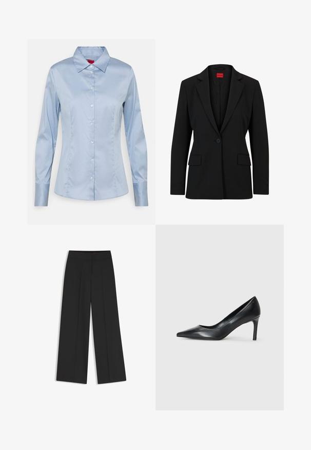 Zwarte blazer met een gesneden revers en een enkele knoopsluiting. Beschikt over twee voorkruiszakken en een gladde voering met een subtiel patroon.; Lichtblauw button-up shirt van gladde stof, met een klassieke kraag, lange mouwen en een rechte pasvorm met subtiele stikseldetails.; Zwarte wijde pantalon met een platte tailleband en een geperste vouw aan de voorkant, afgebeeld tegen een witte achtergrond.; Zwarte leren pump met spitse neus en een slanke hak, gladde textuur en geen zichtbare versieringen. Schoon ontwerp met een minimalistische esthetiek.