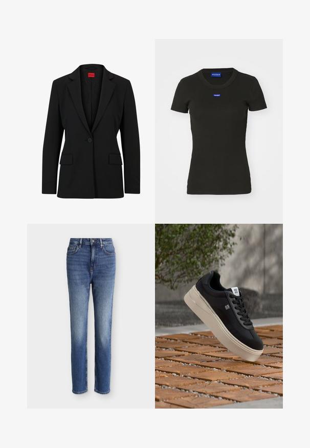 Blazer noir avec un col cranté et une fermeture à un bouton. Dispose de deux poches avant et d'une doublure lisse avec un motif subtile.; T-shirt noir à manches courtes en coton ribbé, avec un badge logo "HUGO" bleu sur le devant. Design classique à col rond.; Jean bleu moyen taille haute à coupe droite avec poches avant, passants de ceinture, fermeture par bouton, et détails légèrement délavés sur les cuisses et les genoux.; Baskets basses noires avec une semelle blanche épaisse et le logo "HUGO" flottant au-dessus de carreaux en bois en extérieur.
