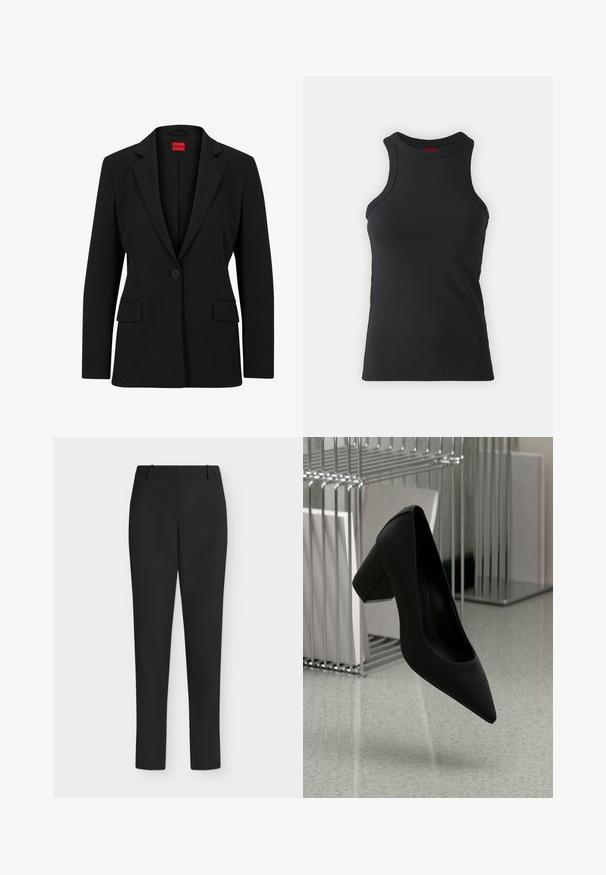 Zwarte blazer met een gesneden revers en een enkele knoopsluiting. Beschikt over twee voorkruiszakken en een gladde voering met een subtiel patroon.; Zwarte mouwloze tanktop gemaakt van rekbare stof. Heeft een ronde hals en een aansluitende snit met minimale stikdetails.; Zwarte slim fit broek met riemlussen, voorrits en rechte pijpen, getoond tegen een witte achtergrond.; Zwarte hoge hak schoen met een spitse neus en een chunky hak, gemaakt van gestructureerd leer, zwevend boven een gladde vloer.