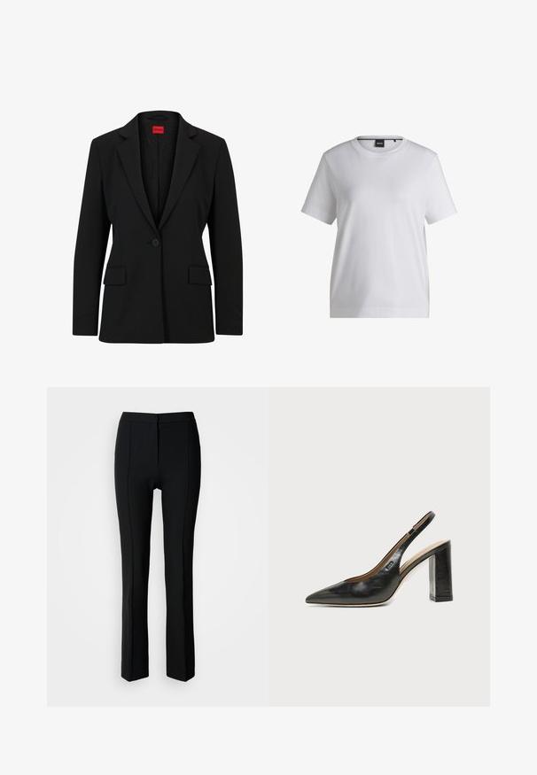 Blazer noir avec un col cranté et une fermeture à un bouton. Dispose de deux poches avant et d'une doublure lisse avec un motif subtile.; T-shirt en coton blanc avec un col rond, des manches courtes et une coupe décontractée. Il présente une petite étiquette de marque près du col.; Pantalon noir à coupe ajustée, avec une texture lisse, un design à jambes droites et des détails subtils de couture sur le devant.; Chaussure slingback en cuir noir à bout pointu avec un talon bloc haut et une doublure intérieure beige sur un fond clair uni.